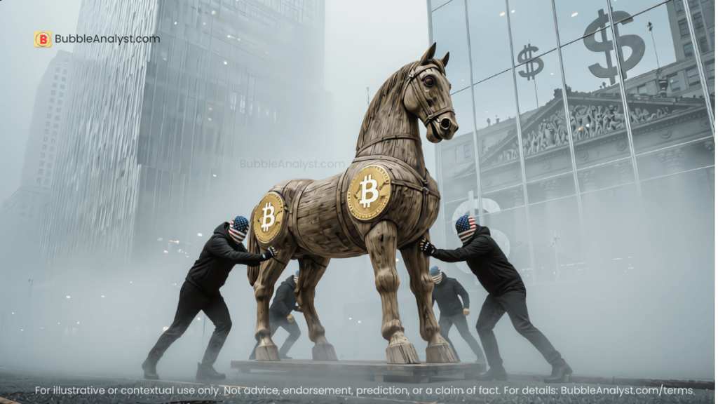 Bitcoin as a Trojan horse being pushed into the financial system, symbolizing hidden risks and infiltration.