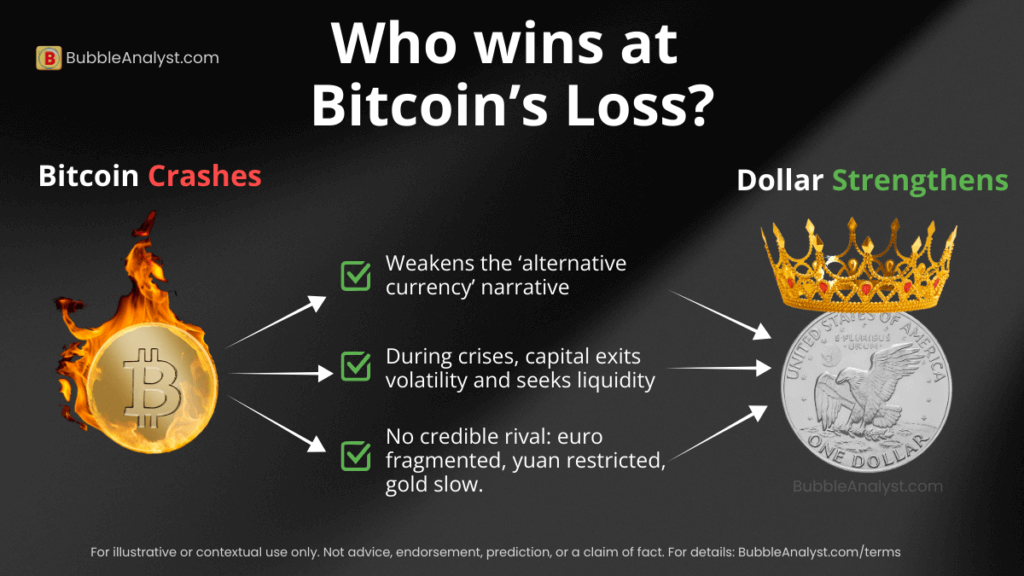 Infographic comparing Bitcoin crashing versus the U.S. dollar strengthening, with a burning Bitcoin coin on one side and a crowned dollar coin on the other, explaining how crises push capital back to the dollar.