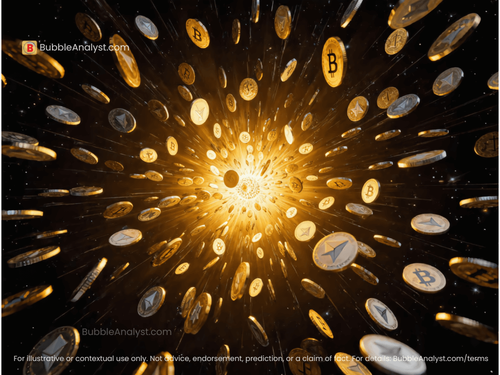 Explosion-style scene of many crypto coins (Bitcoin, Ethereum, etc.) flying outward from a glowing center, symbolizing the growing crypto universe.
