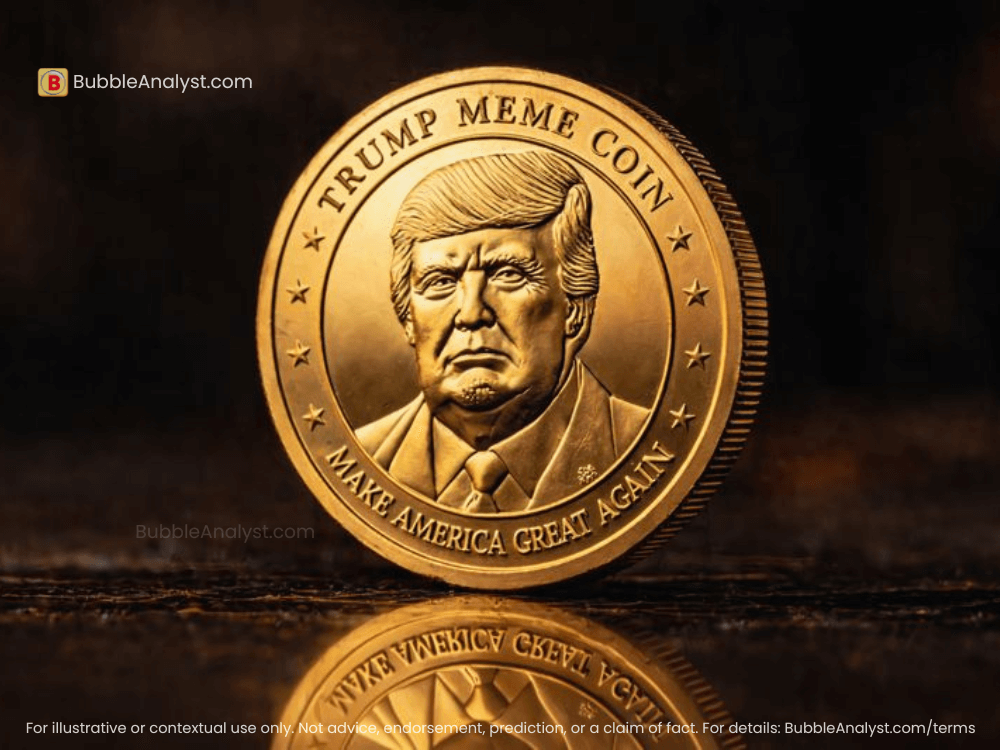 Gold “meme coin” featuring the portrait of President Donald Trump with stars and slogan text around the edge. Depicting the Trump meme coin, with the slogan of MAGA - Make America Great Again.