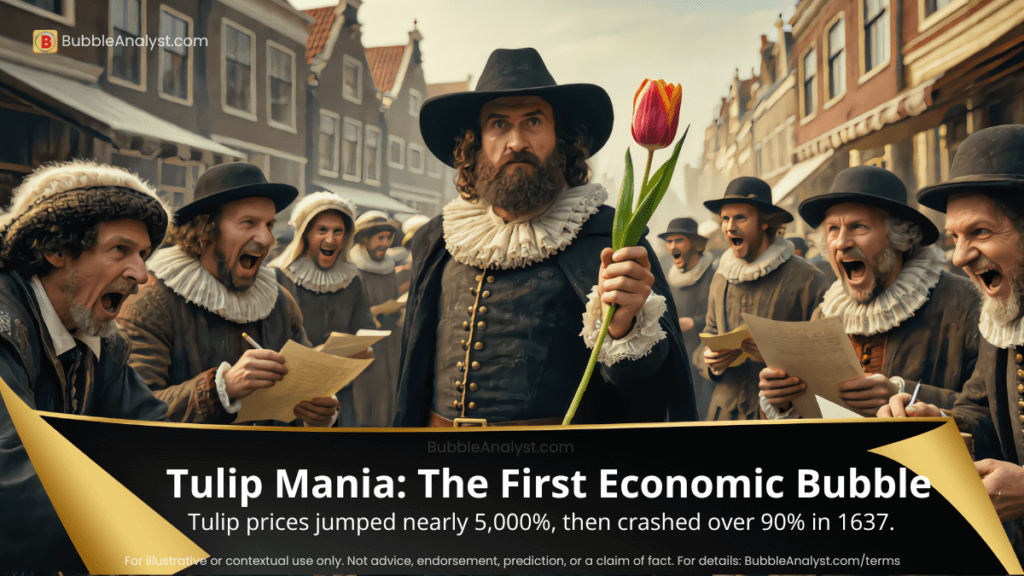 Historical-style scene of Dutch traders during Tulip Mania, with a man holding a tulip while crowds panic and trade papers.
