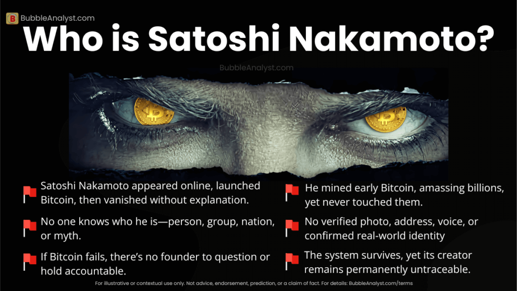 Who is Satoshi Nakamoto — infographic explaining the anonymous Bitcoin creator, missing identity, vanished history, untouched billions, and lack of accountability.