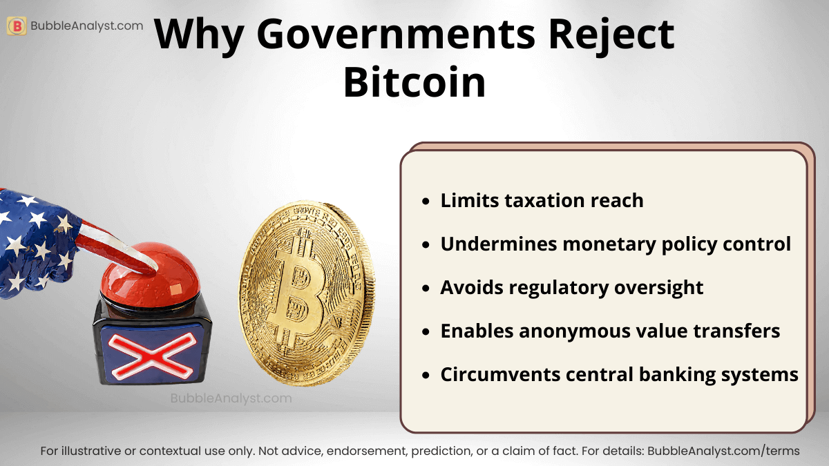 Why governments reject Bitcoin — reasons like taxation limits, loss of monetary control, regulatory avoidance, anonymous transfers, and bypassing central banks.