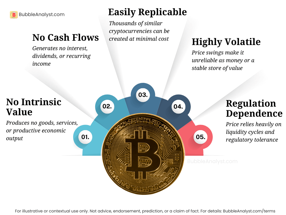 Infographic showing Bitcoin’s underlying problems — no intrinsic value, no cash flows, easily replicable, highly volatile, and dependent on regulation. Despite such fundamental flaws, Bitcoin keeps rising in value on the exchange, and that raises the question, who stands to win when Bitcoin collapses? Is Bitcoin a scam?