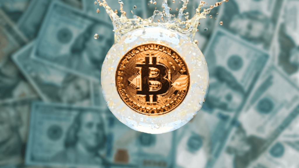 A gold Bitcoin coin inside a transparent bubble that is bursting with a splash, while blurred US dollar bills appear in the background — symbolizing a financial bubble and the risk of Bitcoin crashing.