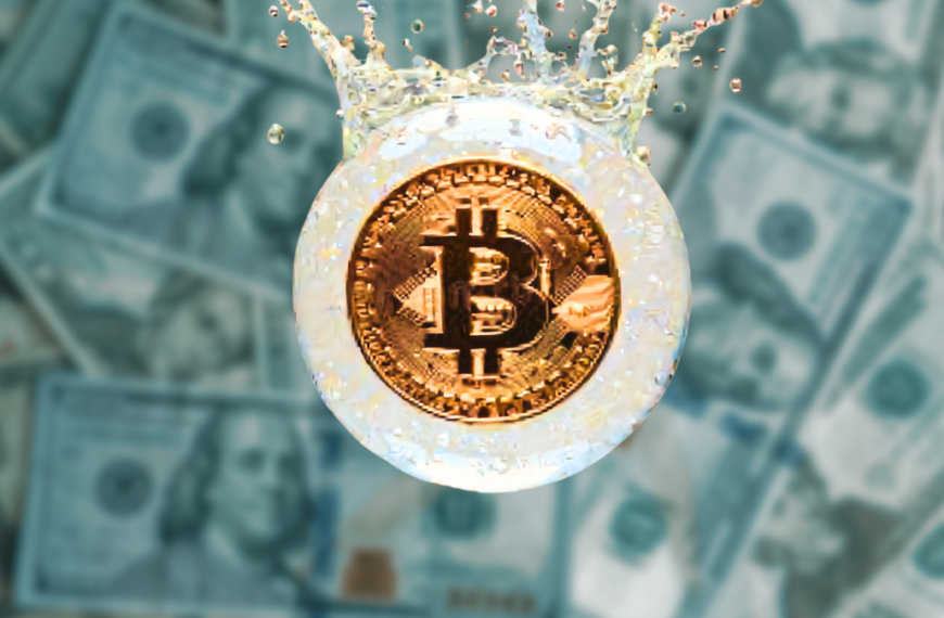 A gold Bitcoin coin inside a transparent bubble that is bursting with a splash, while blurred US dollar bills appear in the background — symbolizing a financial bubble and the risk of Bitcoin crashing.