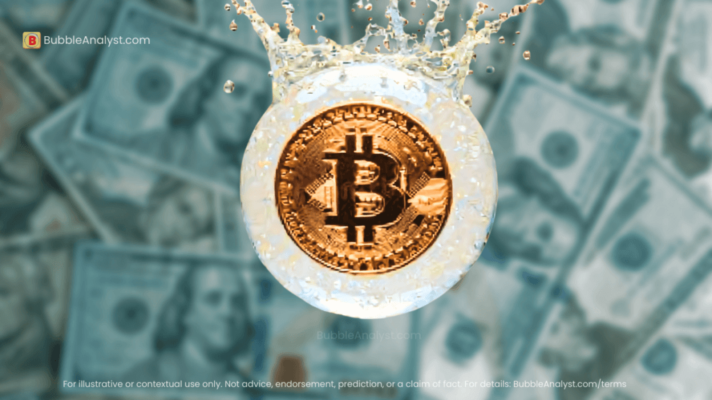 A Bitcoin coin trapped inside a bubble that is bursting with a splash, with blurred US dollar bills in the background — representing the idea of a financial bubble and the risk of Bitcoin crashing