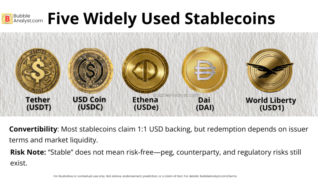 Five widely used stablecoins — Tether (USDT), USD Coin (USDC), Ethena (USDe), Dai (DAI), and World Liberty (USD1) — with notes on convertibility and stability risks