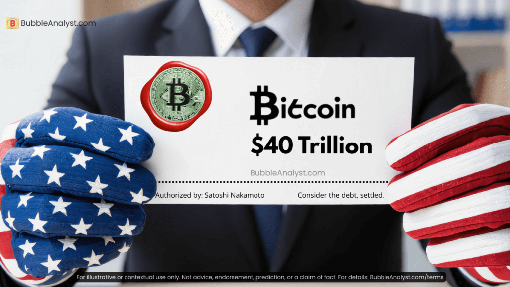 Bitcoin shown as a solution to eliminate massive U.S. national debt, highlighting the idea of using crypto to settle government obligations