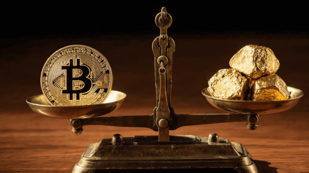 Bitcoin vs gold on a balance scale, comparing cryptocurrency with physical gold as a store of value.