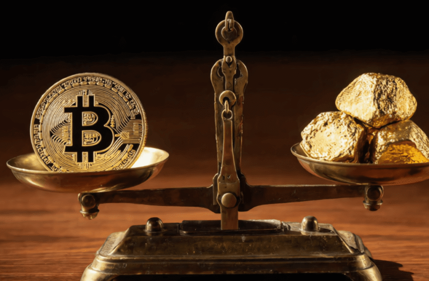 Bitcoin vs gold on a balance scale, comparing cryptocurrency with physical gold as a store of value.
