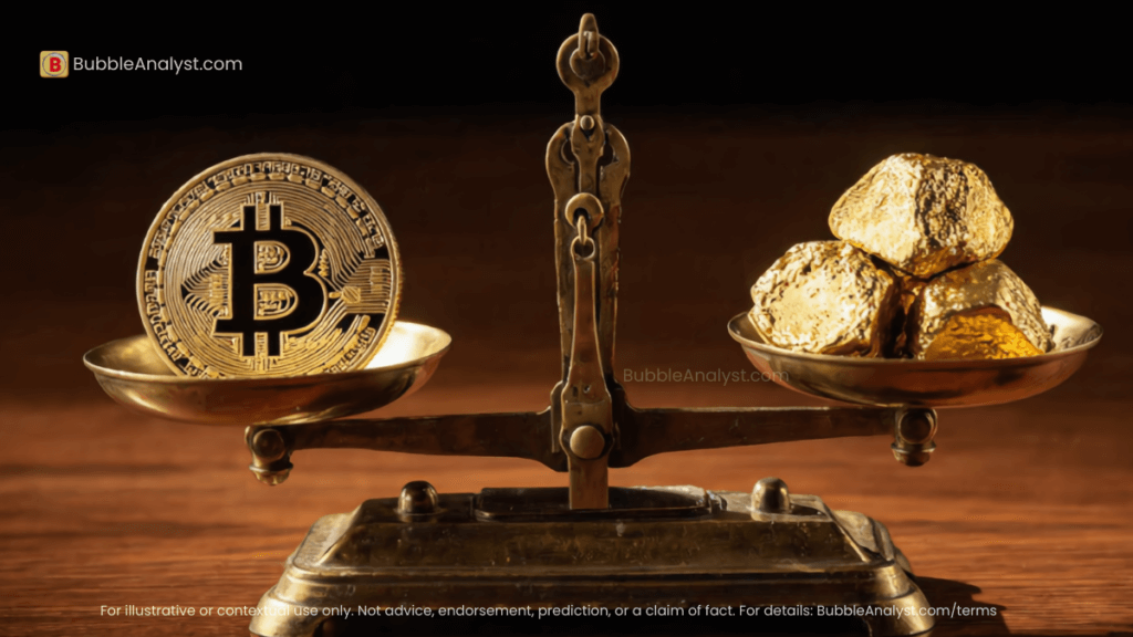 Bitcoin and gold on a balance scale, illustrating the comparison between cryptocurrency and gold as a store of value.