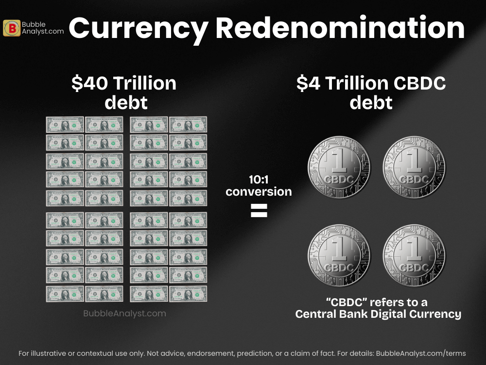Currency redenomination concept showing 10:1 conversion from paper debt to CBDC coins