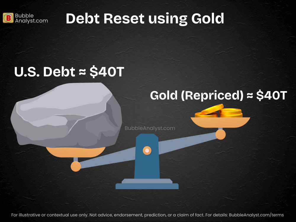 Debt reset concept showing U.S. debt balanced against repriced gold on a scale
