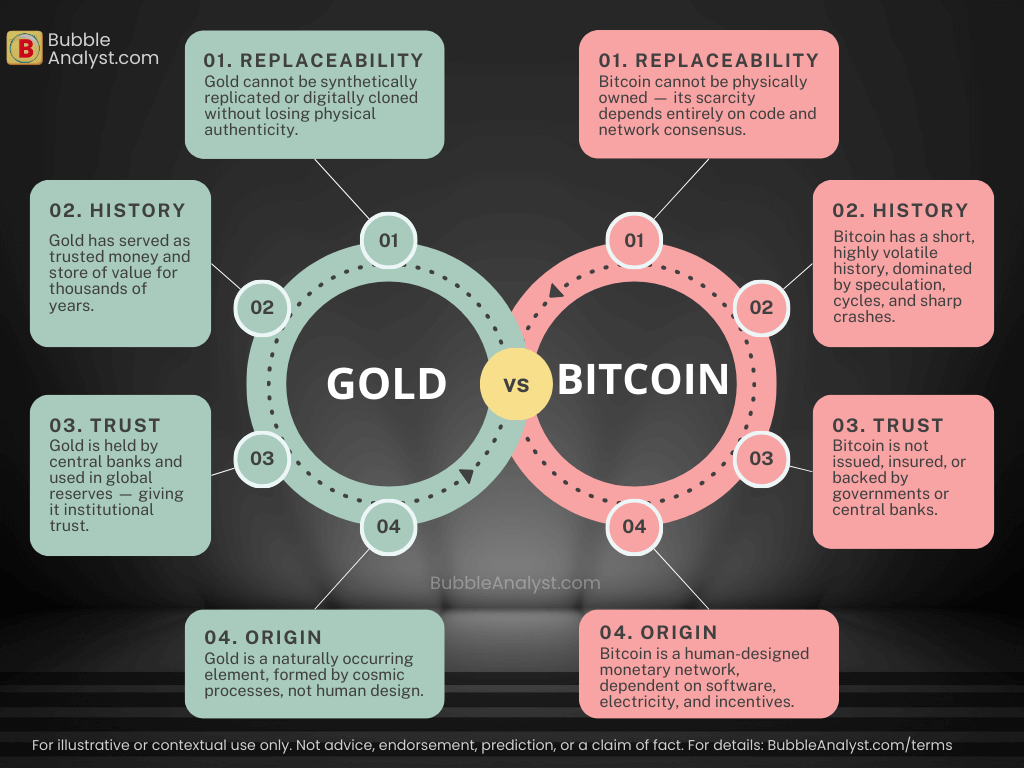 Gold vs Bitcoin comparison infographic — gold as a trusted, physical asset versus Bitcoin as a digital network based on code and speculation.