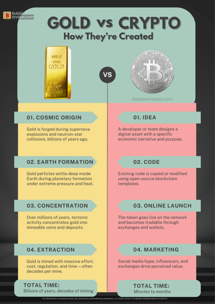 Infographic comparing how gold and cryptocurrencies are created — gold forms over billions of years through cosmic and geological processes, while crypto is created through code, launch, and marketing in a short time.