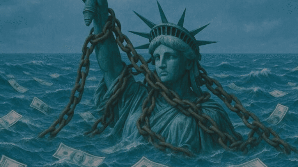 Statue of Liberty wrapped in chains and surrounded by rough seas and floating dollar bills, representing US debt crisis.