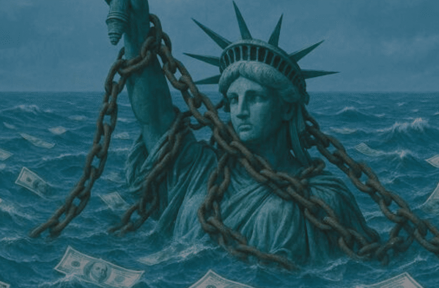 Statue of Liberty wrapped in chains and surrounded by rough seas and floating dollar bills, representing US debt crisis.