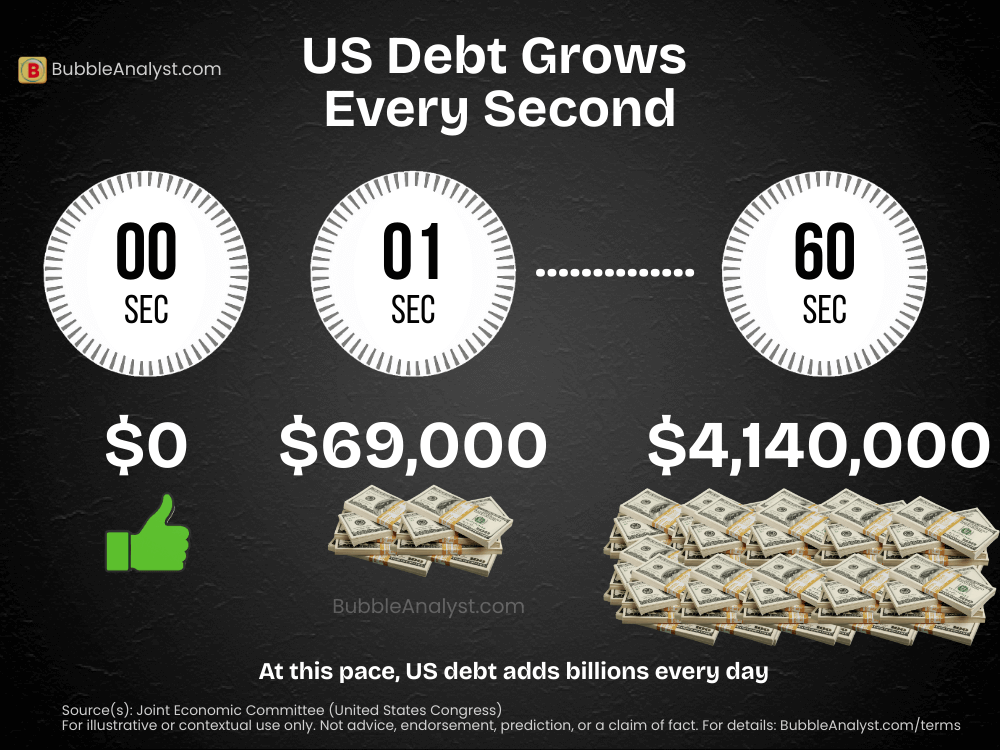 Infographic showing how fast U.S. national debt increases over time, with amounts rising every second.