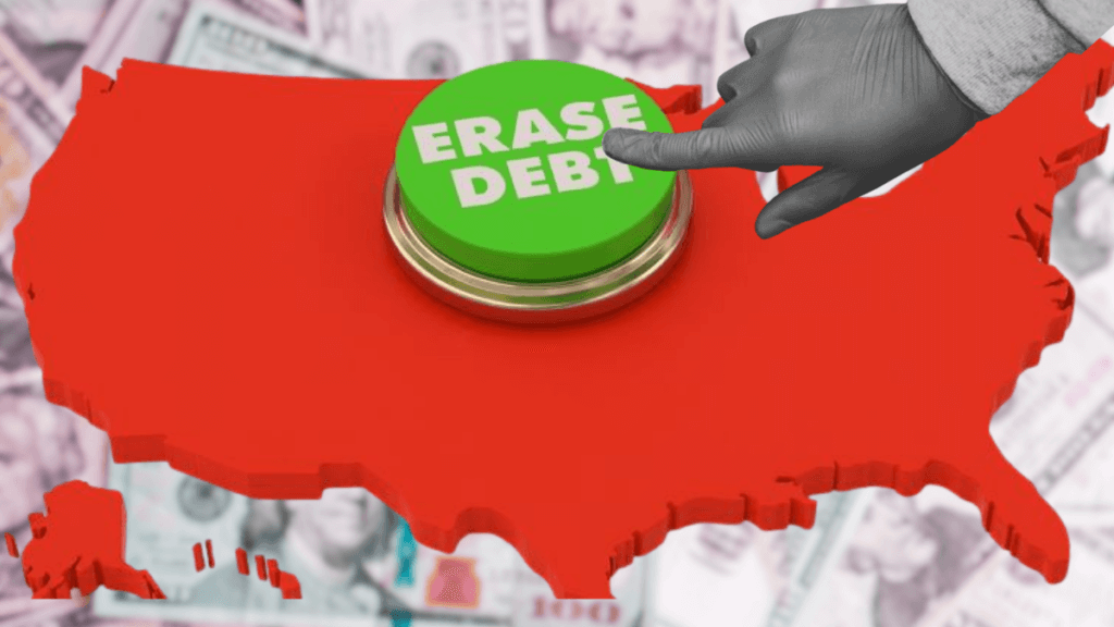Hand pressing a big green erase debt button on top of the United States map, symbolizing debt relief