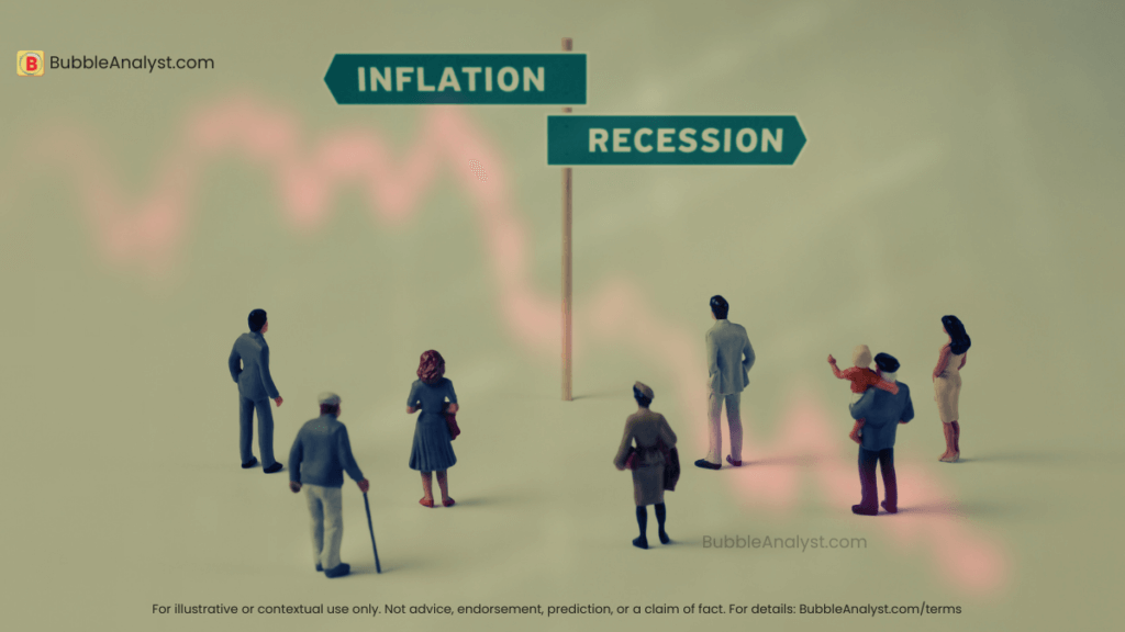 People standing and looking at a crossroads sign pointing toward “Inflation” and “Recession,” symbolizing economic uncertainty